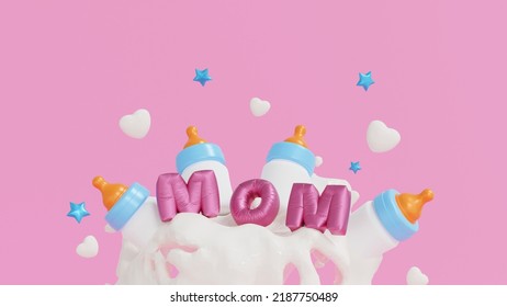 Happy Mothers Day Celebration, Mom Text With Baby Bottle And Milk Splash, Copy Space For Add Text, 3D Rendering.