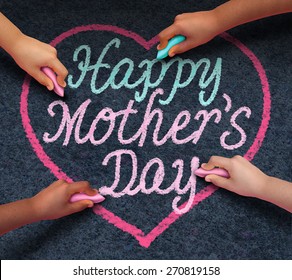 Happy mothers day children drawing with chalk on asphalt a message of love for their loving parent and parenting appreciation for mom from a diverse community of kids celebrating family. - Powered by Shutterstock