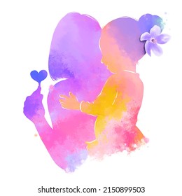 Happy mother's day with the clipping path. Side view of Happy mom with the girl together silhouette plus abstract watercolor painting.Double exposure illustration. Digital art painting. - Powered by Shutterstock