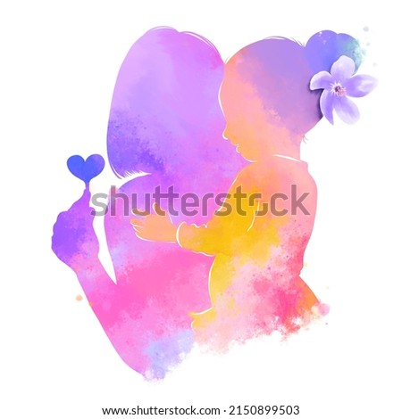 Happy mother's day with the clipping path. Side view of Happy mom with the girl together silhouette plus abstract watercolor painting.Double exposure illustration. Digital art painting.