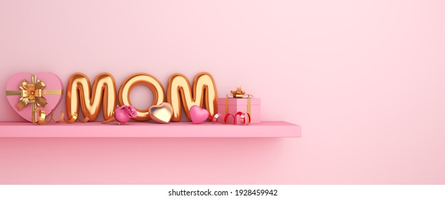 Happy mothers day decoration background with heart shape gift box, mom text balloon, rose flower on shelf, copy space, 3D rendering illustration - Powered by Shutterstock