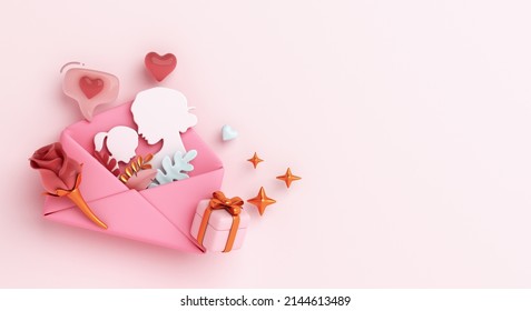 Happy mothers day decoration background with envelope, gift box, rose flower, copy space text, 3D rendering illustration - Powered by Shutterstock