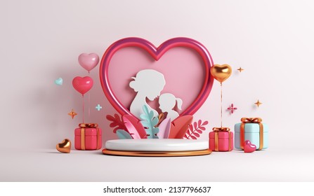 Happy Mothers day display podium background with frame, gift box, heart shape balloon, leaves copy space text, 3D rendering illustration