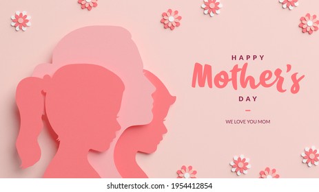 Happy Mother's Day elegant greeting card background, mom and sons silhouettes, flowers in papercut style and stylish lettering. Banner template with text in 3D rendering - Powered by Shutterstock