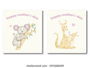 Happy Mother's Day Greeting Cards With Australian Animals- Kangaroo And Koala - Digital Watercolour Illustration