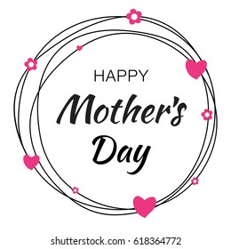 Happy Mother's Day Hand Drawn Typographic Lettering With Scribble Circle Isolated On White Background With Pink Hearts And Flowers.  Raster Illustration Of A Mother Day Card.