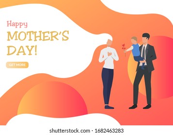 Happy Mothers Day Lettering, Man And Boy Giving Flower To Mom. Love, Parenting, Relationship Concept. Presentation Slide Template. Illustration For Topics Like Mothers Day, Childhood, Family