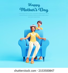 Happy Mother's Day Post Or Template Design With 3D Young Boy Wear Crown To His Mom At Sofa On Blue Background. - Powered by Shutterstock