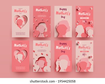 Happy Mother's Day social media stories collection. Templates with silhouettes in paper cut style. 3D rendering - Powered by Shutterstock