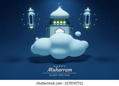 Happy Muharram beautiful greeting card with 3d mosque, lantern, and clouds - Powered by Shutterstock