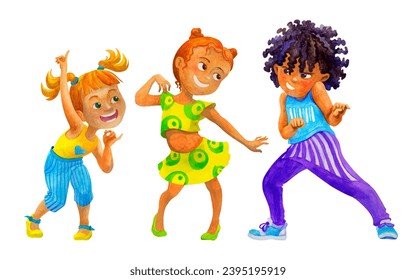 Happy multicultural dancing children. Friends having fun together. Kids dancing party concept. Isolated watercolor illustration for children dancing party design, cards, invitations, posters - Powered by Shutterstock