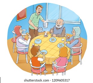 Happy Muslim Family Eating Dinner Stock Illustration 1209605317 ...