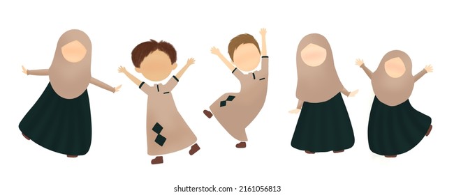 Happy Muslim Kids In Uniform Jumping Illustration For Banners, Flyers, Posters, Cards, Presentations, Home Decor, School Task, Or Class Decorations.