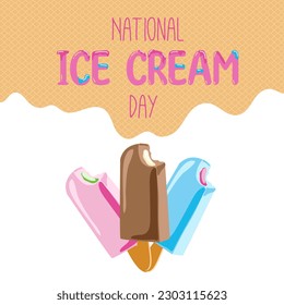 Happy National Ice Cream Day card. A waffle cone with various fruit ice cream scoops. banner in flat cartoon style - Powered by Shutterstock