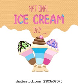 Happy National Ice Cream Day card. A waffle cone with various fruit ice cream scoops. banner in flat cartoon style - Powered by Shutterstock