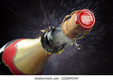 Happy new 2023 year.  Champagne bottle and champagne cork with 2023 popping. 3d illustration - Powered by Shutterstock