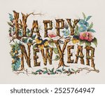 Happy New Year (1876) by Currier  Ives. Vintage Happy New Year and Christmas art illustration, old Happy New Year text art painting. Happy New Year art print.