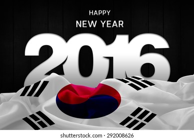 Happy New Year 2016 Typography And South Korea Waving Flag