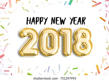 Happy New Year 2018 Joy Celebration Design. 3d Illustration With Brilliant Gold Balloons And Delight Confetti For Your Unique Greeting 2018 New Year, Celebrate, Party, Banner, Poster And More