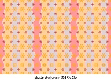 Happy New Year 2018 winter background. Raster design for textile, wallpaper, fabric, wrapping paper. Yellow and red and wave simple seamless Christmas pattern - varied Xmas snowflakes with dots.