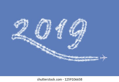 Happy New year 2019 concept. Airplane with a contrail draw in sky 