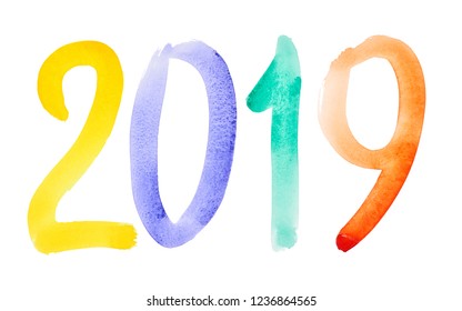 Happy New Year 2019 - Hand drawn colorful watercolor lettering