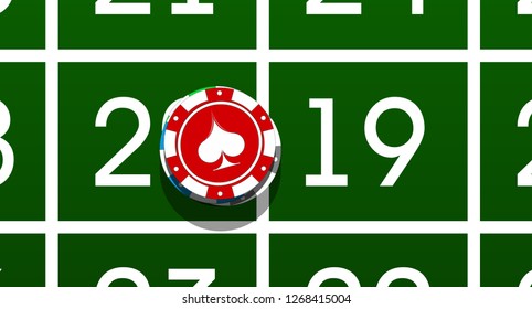 Happy New Year 2019 poker chips background. Greeting card Roulette Game & chips flyer. greencloth casino of date 2018 year view from above banner. Celebrate poker casino brochure - Powered by Shutterstock