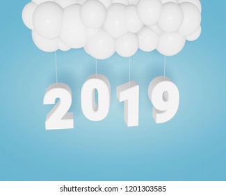 Happy new year 2019, Text design and balloons on a blue background with copy space, Easy to use by print a special offer or add your own logo, images, and text, whatever you want, 3D rendering.