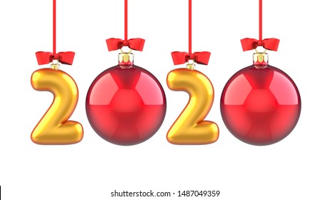 Happy New Year 2020 banner with red ribbon and bow. Text 2020 made in the form of a golden and red Christmas ball. 3D rendering illustration isolated on white background