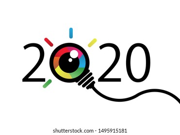 Happy New Year 2020. 2020 With Colorful Eye Bulb Sign. Vision And Idea