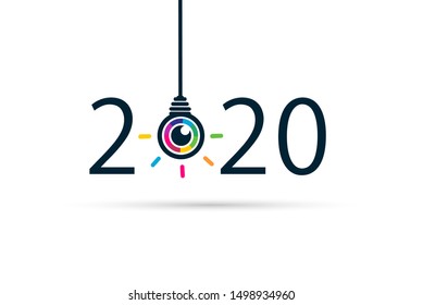 Happy New Year 2020. 2020 With Colorful Eye Bulb Sign. Vision And Idea