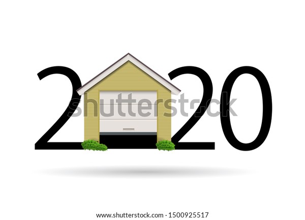 Happy new year 2020. 2020 with garage and\
garage door on white isolated\
background