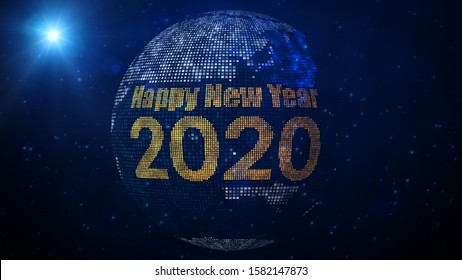 Happy New Year 2020 Greeting Text On Square Shines Dotted Globe Earth World Map Against Blue Shiny Sparkles Stars And Lens Flare Glare Light