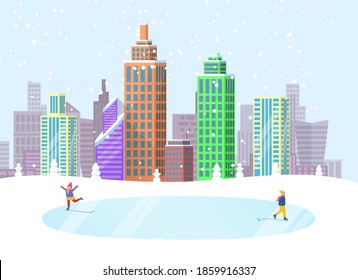 Happy New Year 2020 greeting poster with calligraphy inscription and characters on ice rink. Cityscape and citizen wearing warm clothes. Big numbers and buildings, skyscrapers of town raster