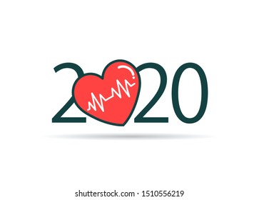 Happy New Year 2020. 2020 With Heart And Heartbeat Icon