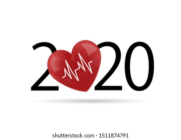 Happy New Year 2020. 2020 With Heart And Heartbeat Icon