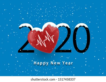 Happy New Year 2020. 2020 With Heart And Heartbeat Icon