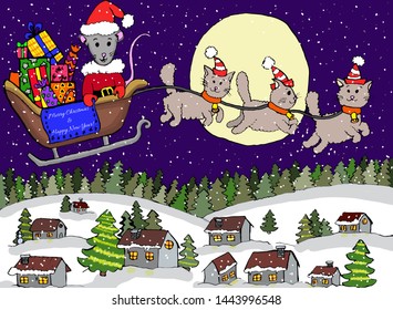 Happy New Year 2020. Rat in santa hat flying on sleigh with cats. Night sky with stars, big moon. Merry Christmas and new year background. Clip art. Winter. Snowy. Starry sky. Christmas tree. Forest - Powered by Shutterstock