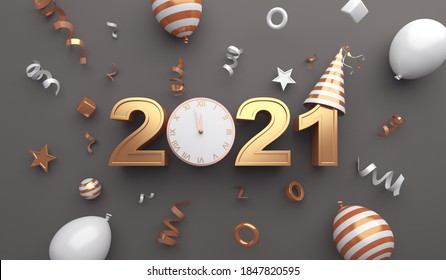 Happy New Year 2021 Background Concept With Clock, Party Hat, Balloon, Ribbon, 3D Rendering Illustration