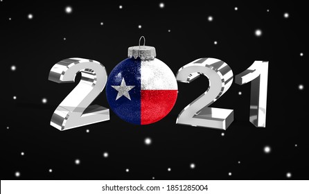 Happy new Year 2021, flag State of Texas on a christmas toy, decorations isolated on dark background. Creative christmas concept.