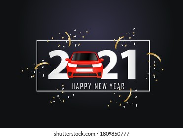 Happy New Year 2021. Year 2021 With Red Car