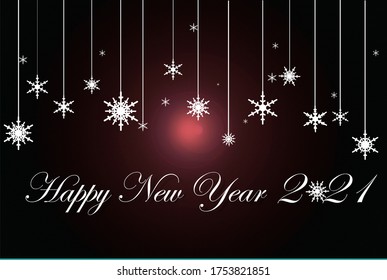 Happy New Year 2021 text and icons of snowflakes on dark background. Christmas, New Year greeting card, frame, banner. Illustration