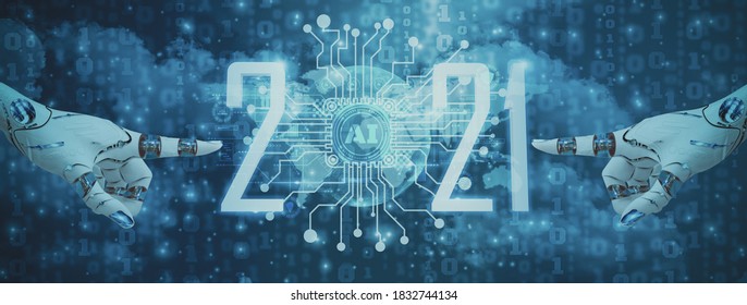 Happy New Year 2021,concept Digital Trends,robot Hand Touch Icon,is Full Modernity Advanced Technology,artificial Intelligence Or AI,background Sky And Binary Code,banner Header Panoramic,illustration