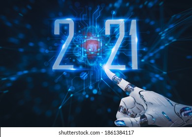 Happy New Year 2021,concept Digital Trends,robot Hand Touch Icon,is Full Modernity Advanced Technology,artificial Intelligence Or AI,abstract Digital Blue Background And Binary Code,illustration 