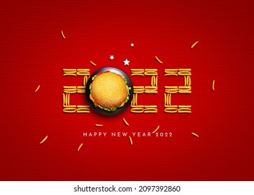 Happy New Year 2022 concept for restaurant or burger brand isolated on a gorgeous red background. Burger's new year concept. French fry and Burger. 3d rendering. 3d illustration. - Powered by Shutterstock