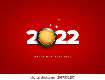 Happy New Year 2022 concept for restaurant or burger brand isolated on a gorgeous red background. Burger's new year concept. 3d rendering. 3d illustration. - Powered by Shutterstock