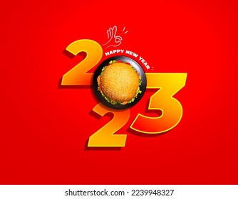 
Happy New Year 2022 concept for a restaurant or Burger brand isolated on a gorgeous red background. Burger new year concept. Top view burger plate. 3d rendering. 3d illustration. Red Background.
 - Powered by Shutterstock