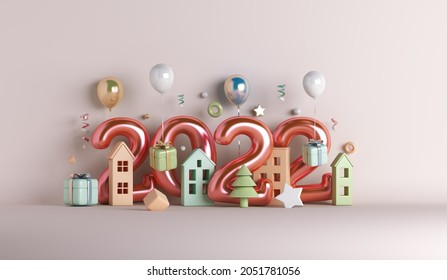 Happy new year 2022 decoration background with house building, balloon gift box, 3D rendering illustration - Powered by Shutterstock