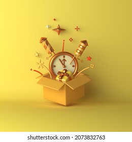 Happy new year 2022 decoration background with firework rocket clock opened box confetti, 3D rendering illustration