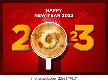 Happy New Year 2023 celebrated coffee cup with the number 2023 over a frothy surface served on Red background. Holidays food art. 2023 line art with a top-view coffee cup. - Powered by Shutterstock